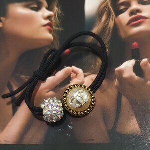 Pearl Gold Crystals Elastic Hair Tie CC Fashion Women Casual Formal Accessory